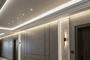 Glazen wand corridor: warme sfeervolle passage